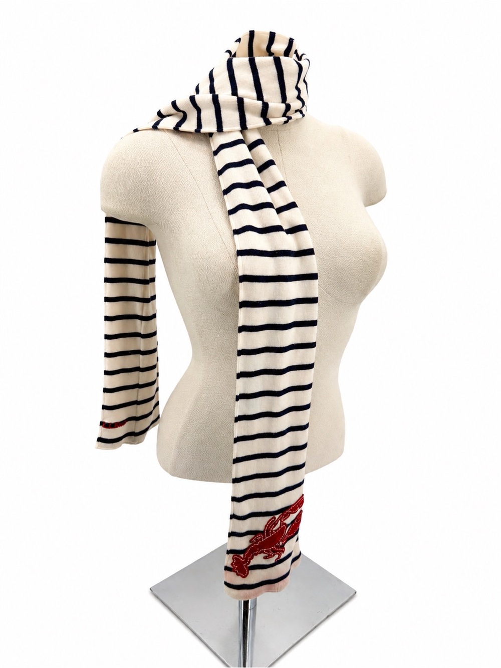 L.L.Bean Nautical Stripe Knit Scarf Red Lobster Applique Cream Navy Maine